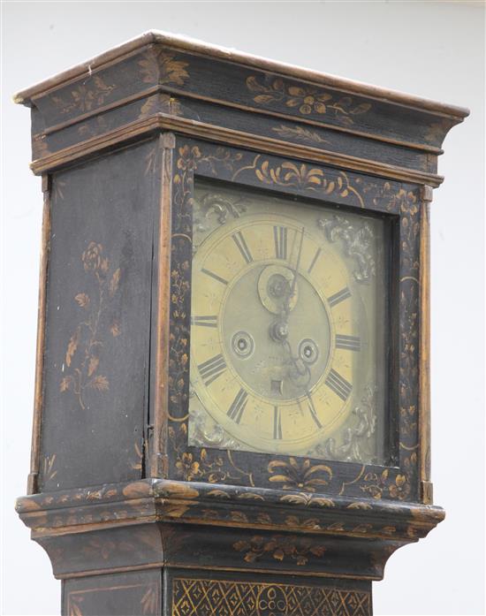 Esaye Fleureau of London. An early 18th century black lacquered eight day longcase clock, H.6ft 6in.